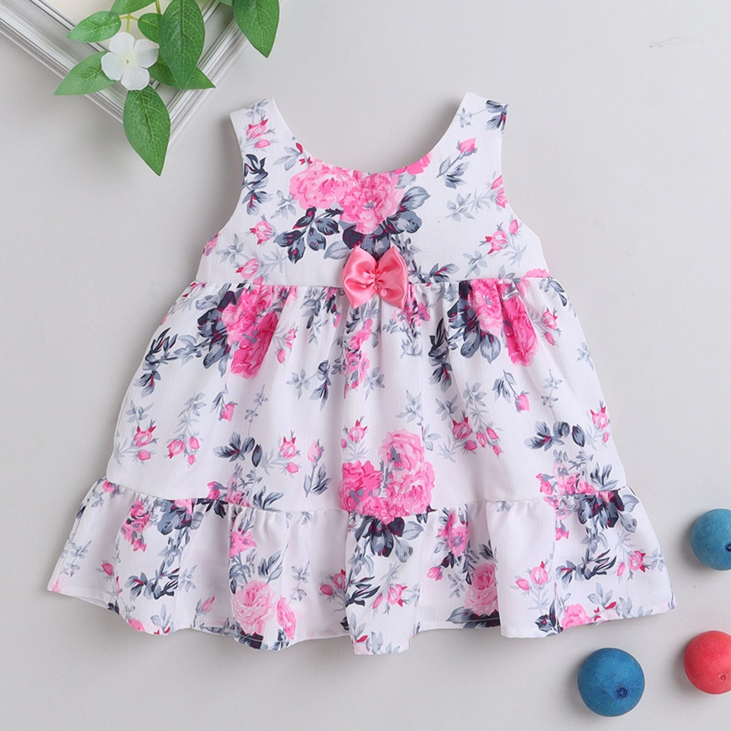 Many frocks tiered knee length floral baby dress- White-Pink