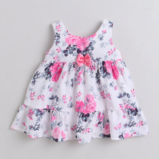 Many frocks tiered knee length floral baby dress- White-Pink