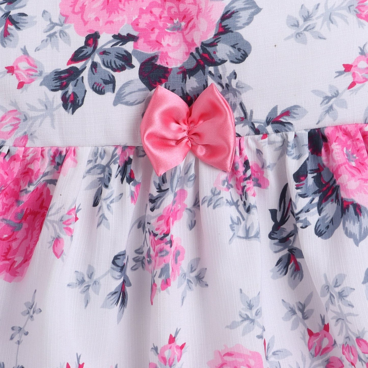 Many frocks tiered knee length floral baby dress- White-Pink