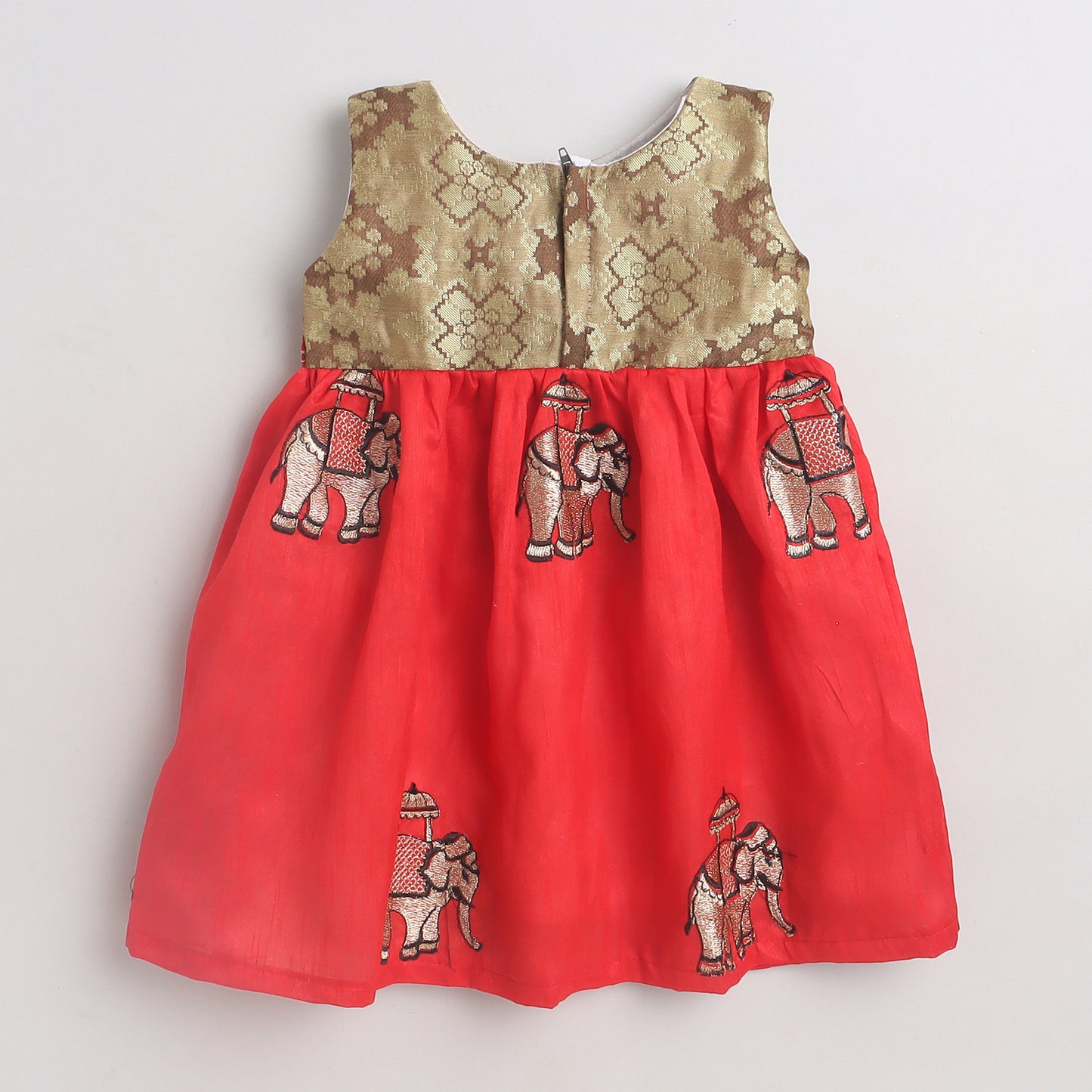 Many Frocks floral bouquet embroidered knee length baby ethnic dress - Golden/Red