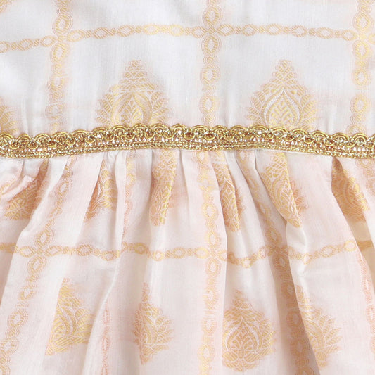 Many frocks golden hibuscus flower weave knee length baby onem dress - Cream