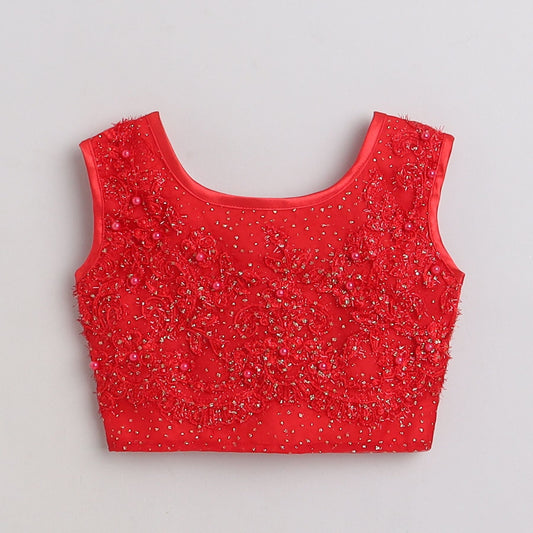 Many Frocks shimmery red embroidered Lengha choli dupatta set- Red