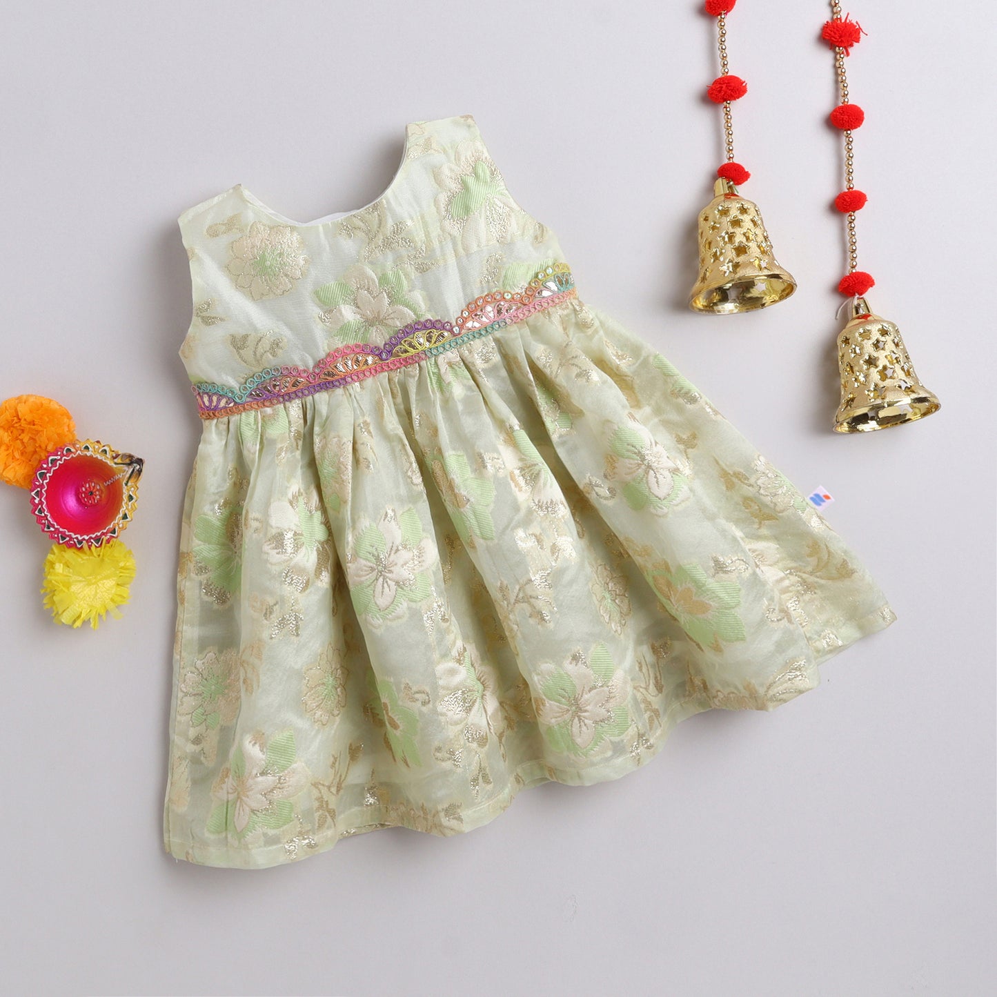 Many Frocks & brocade green flower woven lace embellished knee length ethnic dress - Cream