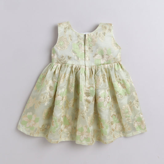 Many Frocks & brocade green flower woven lace embellished knee length ethnic dress - Cream