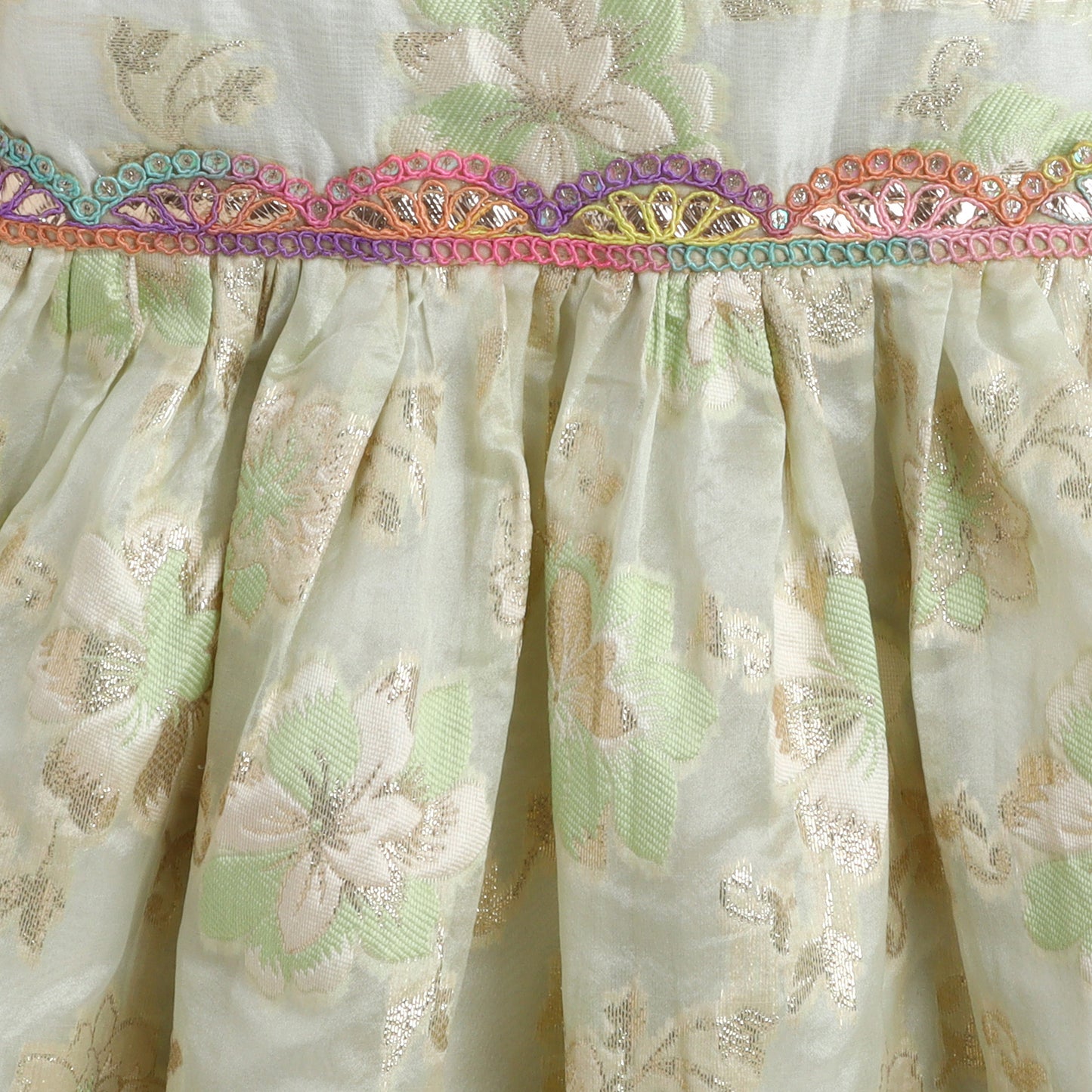 Many Frocks & brocade green flower woven lace embellished knee length ethnic dress - Cream