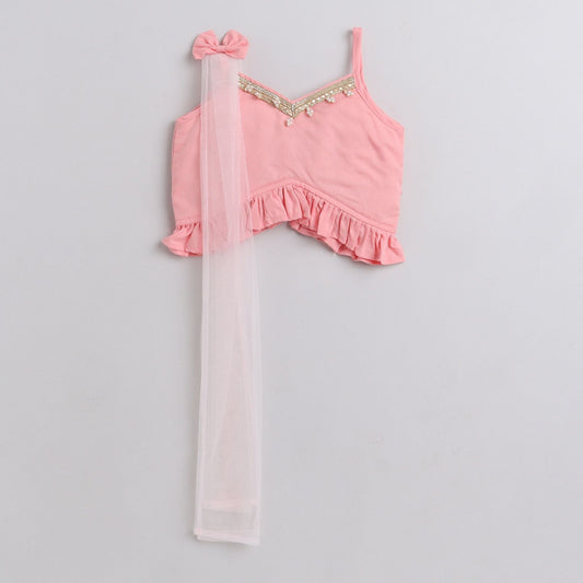 Many Frocks frilly and stiched dupatta and Lengha choli dupatta set - Peach