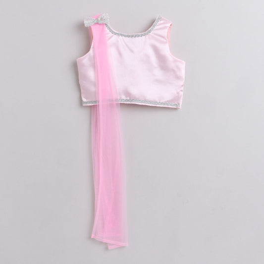 Many Frocks shimmery embroidered Lengha choli dupatta set- Pink