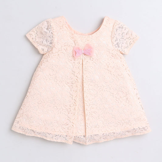 Many Frocks & floraal net fabric glitter bow embellished A- line party dress. - Peach