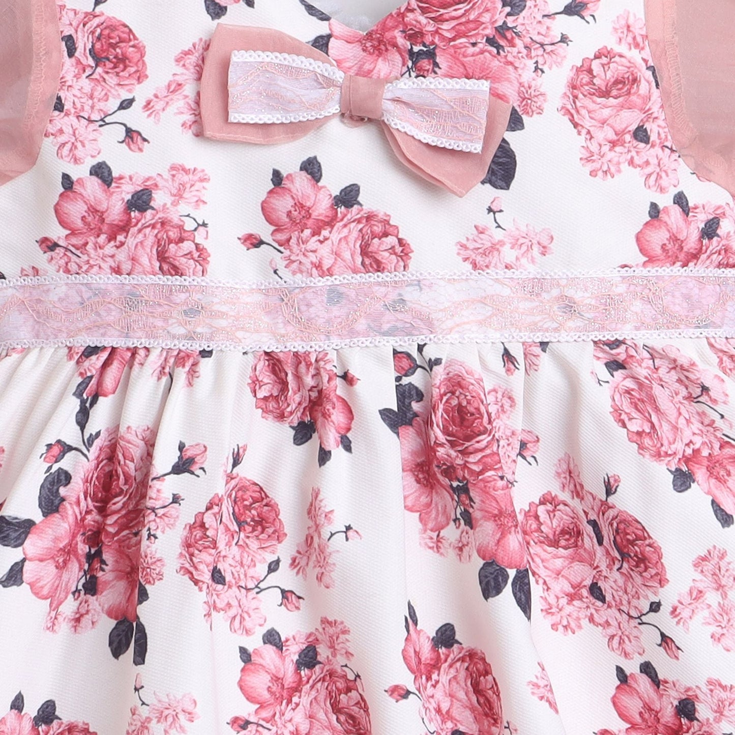 Many Frocks & lace and sleeves embellished floral print fit and flare party dress - White & Pink