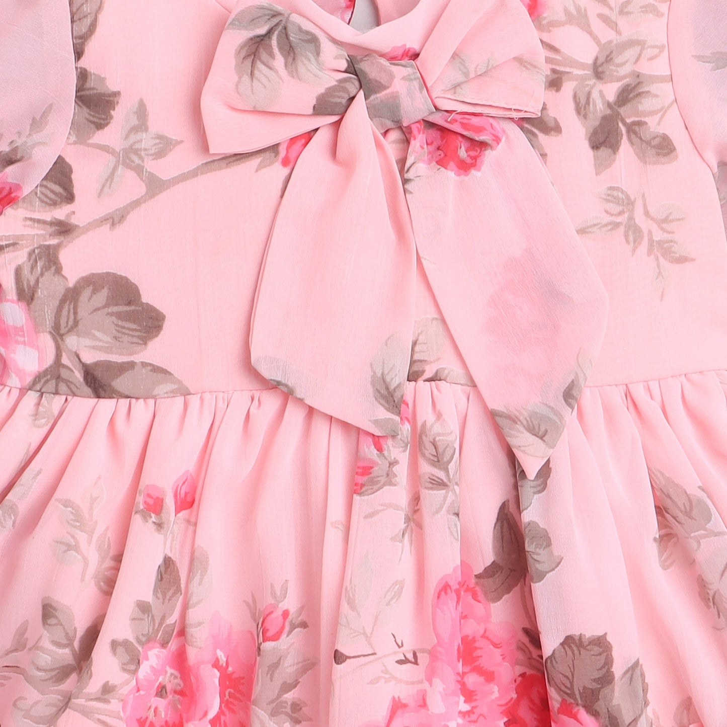 Many Frocks & gorgette puff sleeves floral print fit and flare party dress - Pink