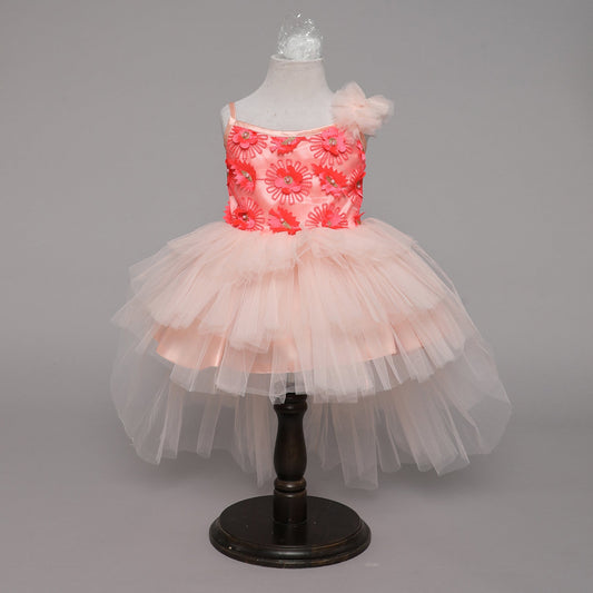 Many Frocks knee length 3D floral high low party dress - Peach