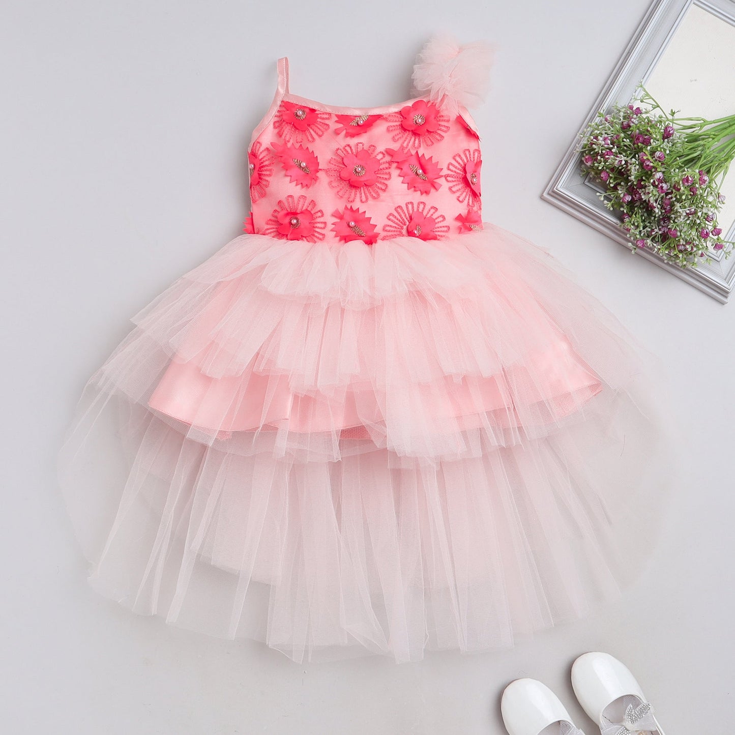 Many Frocks knee length 3D floral high low party dress - Peach
