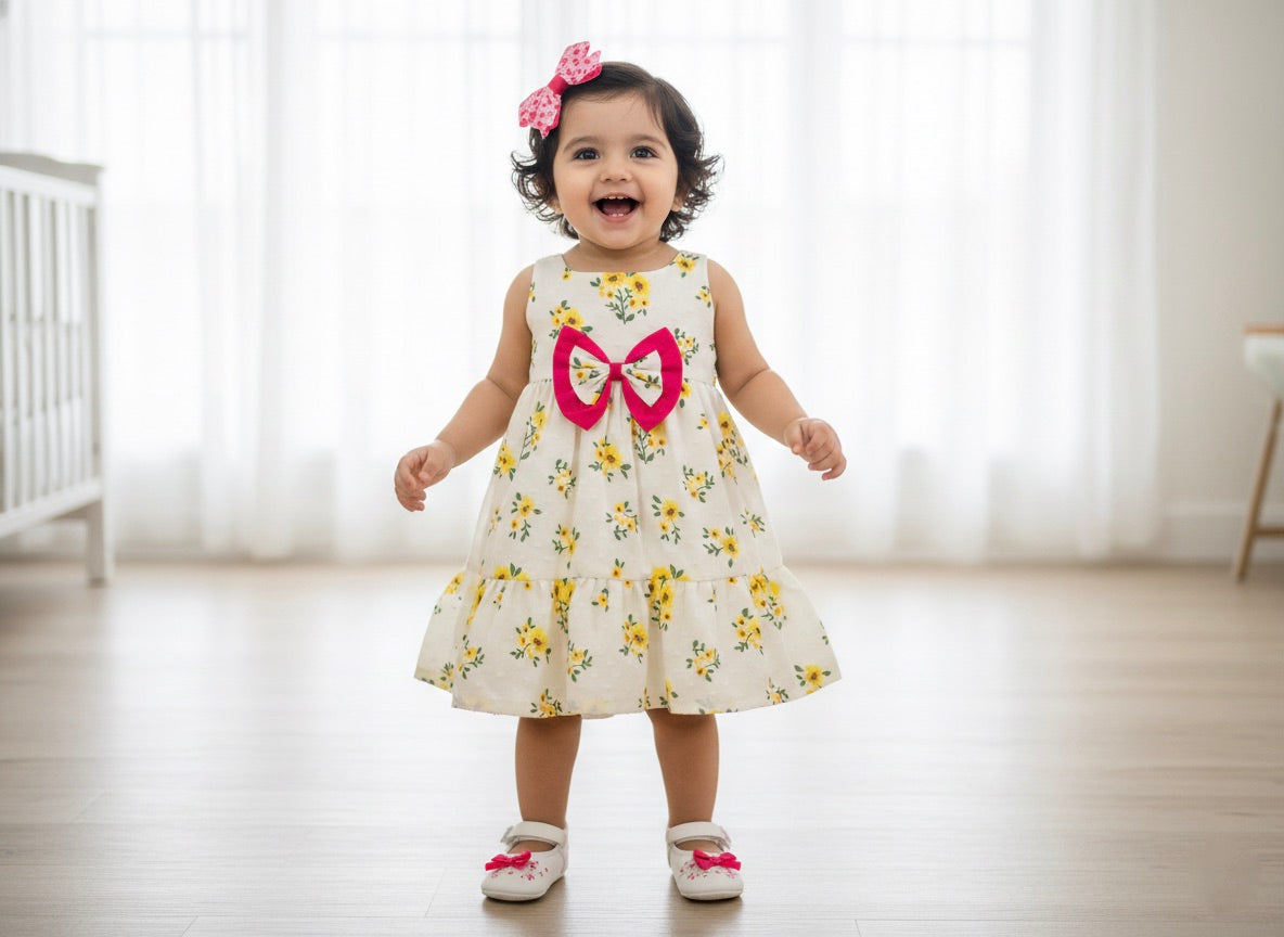 Many Dresss & Cotton Sleeveless Floral Printed Bow Embellished Knee Length Baby Casual Dress-Yellow