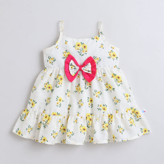 Many Dresss & Cotton Sleeveless Floral Printed Bow Embellished Knee Length Baby Casual Dress-Yellow