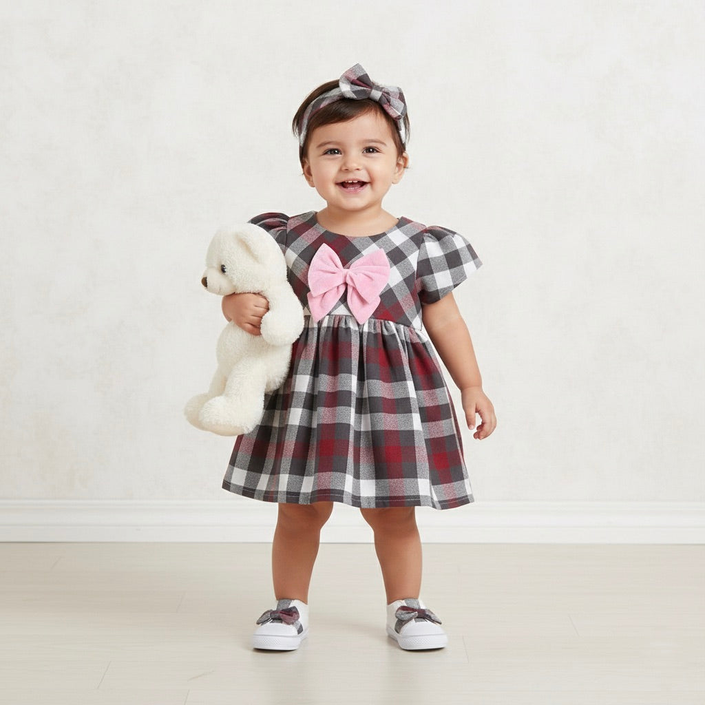 Many Frocks & Cotton Cap Sleeves Checks Bow Embellished Knee Length Baby Casual Dress - Maroon