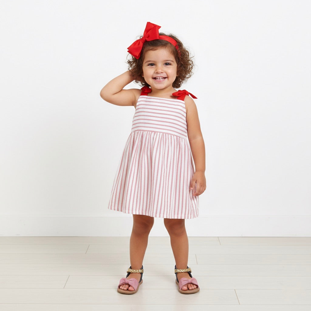 Many Frocks & Cotton Sleeveless Stripe Printed Knee Length Baby Causal Dress - Red & White