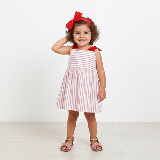 Many Frocks & Cotton Sleeveless Stripe Printed Knee Length Baby Causal Dress - Red & White