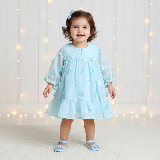 Many Frocks & Georgette Short Sleeves 3D Flower Embellished Knee Length Flared A Line Girls Christmas Party Dress - Light Blue