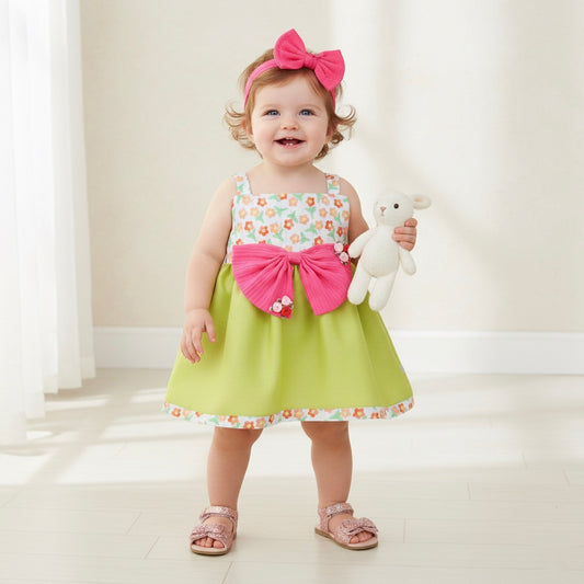 Many Frocks & Sleeveless Knee Length Floral Printed With Big Bow Knee Length Girls Party Dress - Green