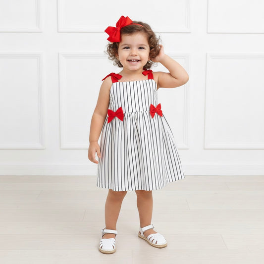 Many Frocks & Cotton Sleeveless Striped Printed With Bow Knee Length Kids Causal Dress -White & Black