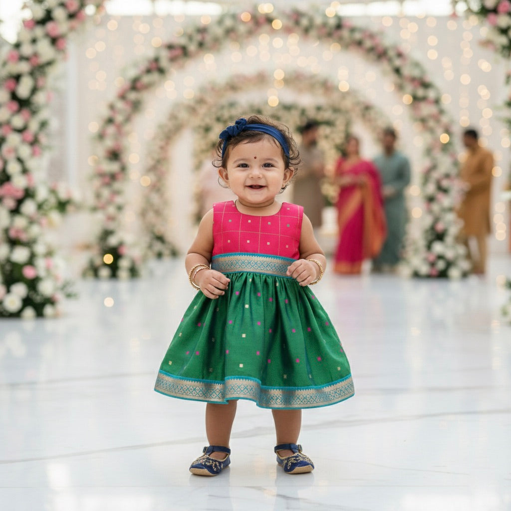 Many Frocks & Poly Silk Sleeveless Knee Length Coloured Woven Boti Lace Embellished Baby Ethnic Frock - Pink & Green