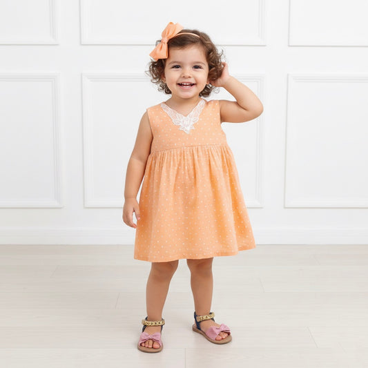 Many Frocks & Cotton Sleeveless Polka Dot Printed Knee Length Baby Causal Dress - Peach