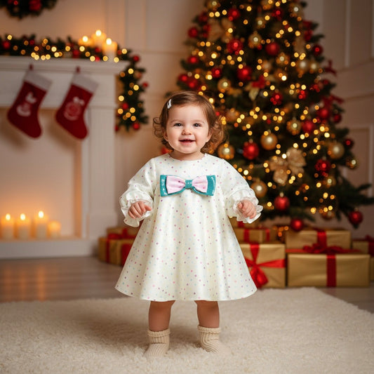 Many Frocks & Satin Short Sleeves Bow Embellished Knee Length Flared A Line  Girls Christmas Casual  Dress -Yellow