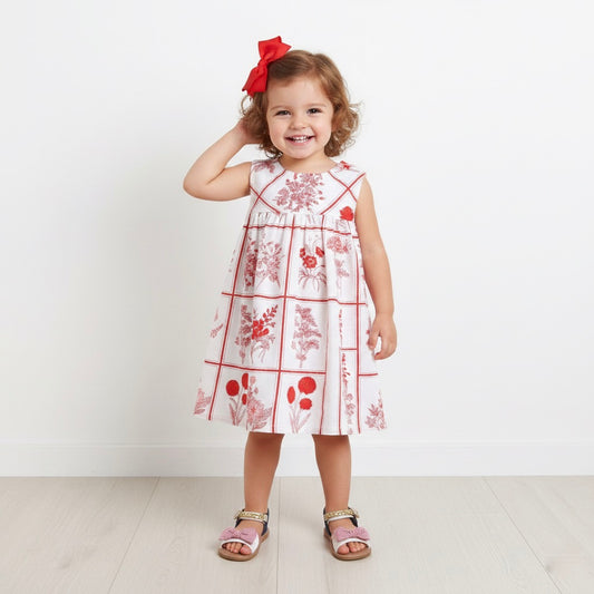 Many Frocks & Cotton Sleeveless Floral Checks Printed Knee Length Baby Causal Dress - White & Red