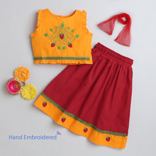 Many Frocks & Cotton Pleated Sleeve  Strawberry Hand Embroidered Choli Lengha Dupatta Set - Yellow & Red