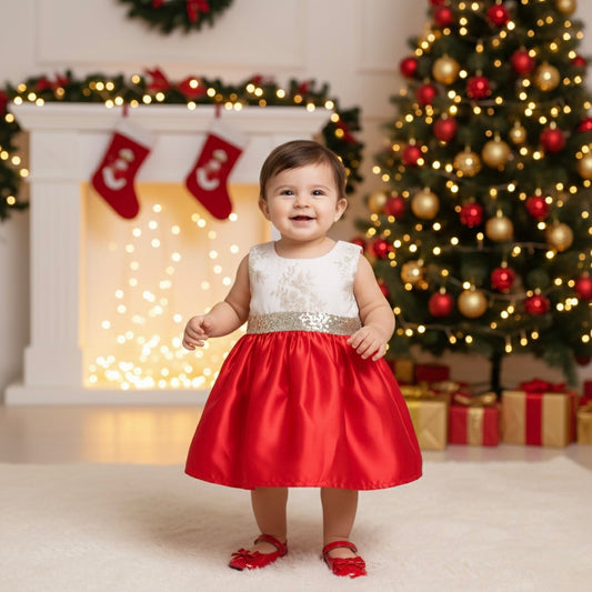 Many Frocks & Sleeveless  Sequin Lace Embellished Knee Length Flared Girls Christmas Party Dress - Red & Cream