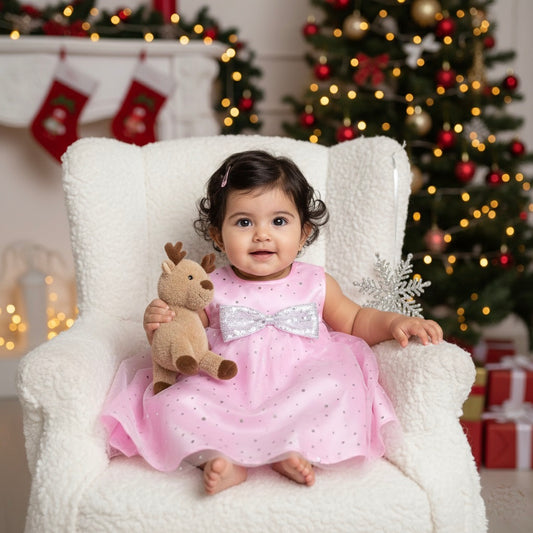 Many Frocks & Satin Sleeveless Bow Embellished Knee Length Flared A Line  Girls Christmas Party Dress - Pink