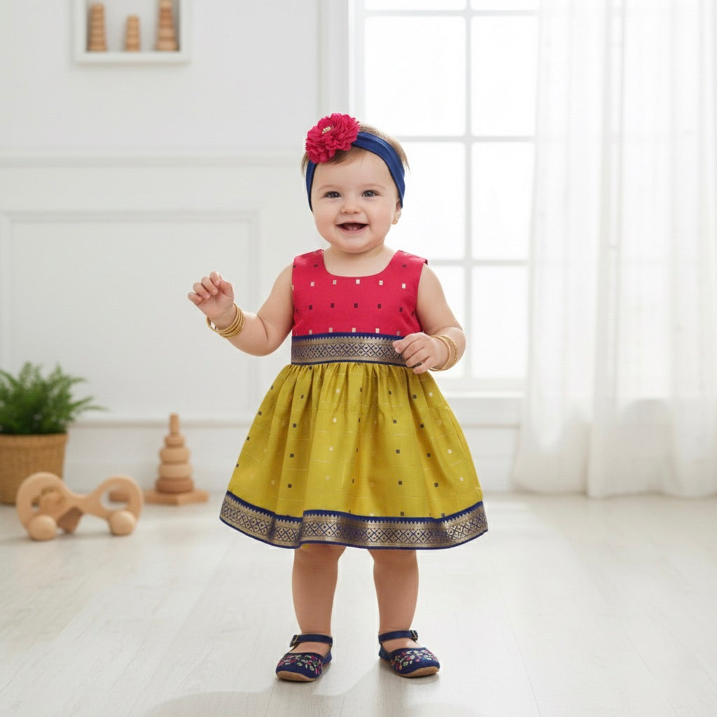 Many Frocks & Poly Silk Sleeveless Knee Length Lace Embellished Woven Boti Baby Ethnic Frock - Pink & Green