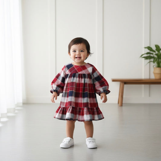 Many Frocks & Cotton Short Sleeves Checks Printed Knee Length Flared A Line  Girls Christmas Casual  Dress -Maroon