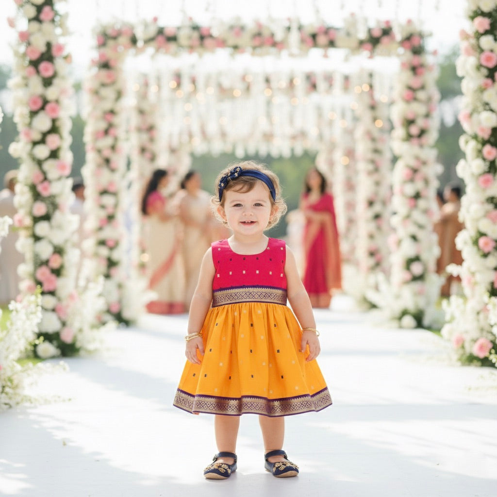Many Frocks & Poly Silk Sleeveless Knee Length Colour Woven Boti Lace Embellished Baby Ethnic Frock - Pink & Yellow