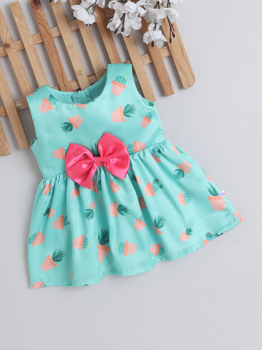 Many Frocks & Satin Sleeveless Bow Embellished Printed Knee Length Girl Party Dress - Green