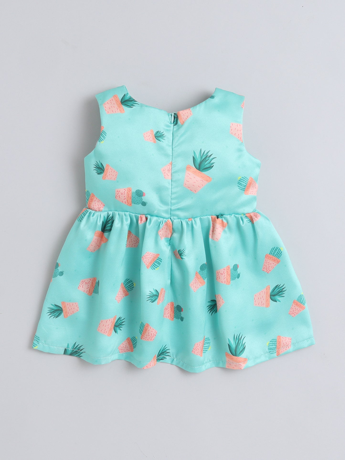 Many Frocks & Satin Sleeveless Bow Embellished Printed Knee Length Girl Party Dress - Green