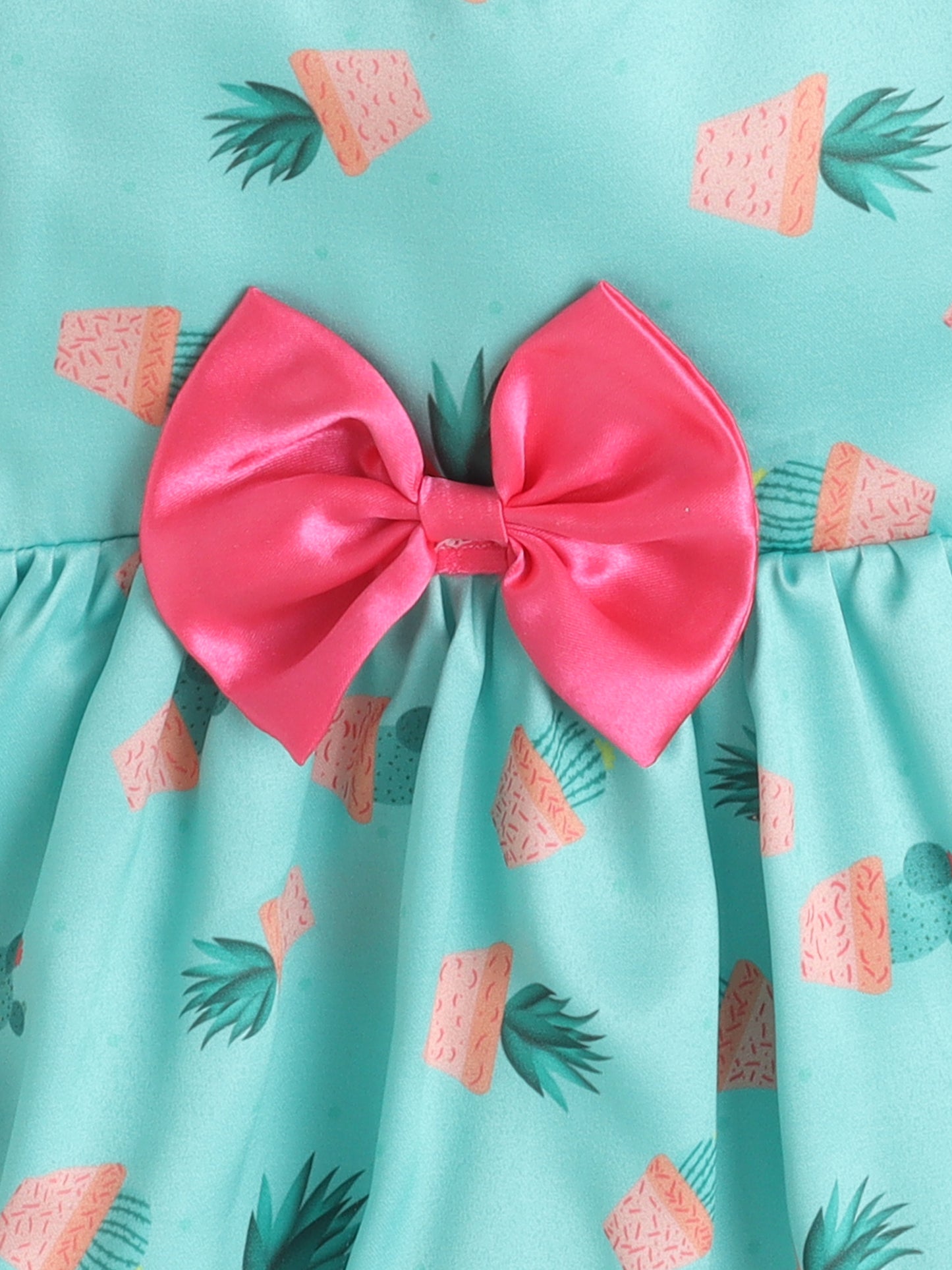 Many Frocks & Satin Sleeveless Bow Embellished Printed Knee Length Girl Party Dress - Green