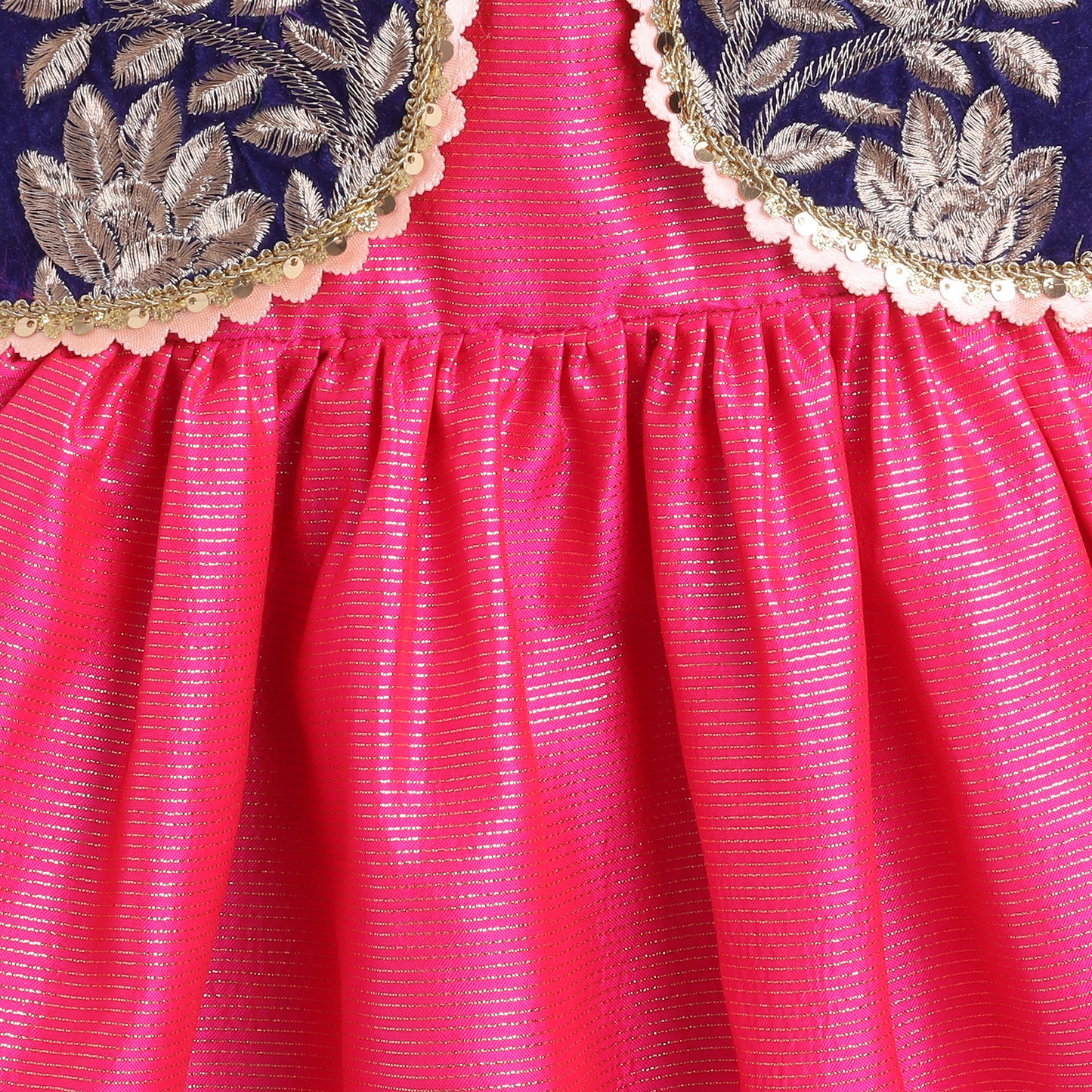 Many Frocks & velvet embroidered koti and lace embellished ethnic frock - Pink & Blue