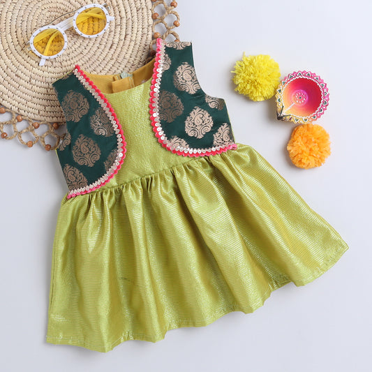 Many Frocks & banarasi koti and lace embellished ethnic frock - Yellow & Green