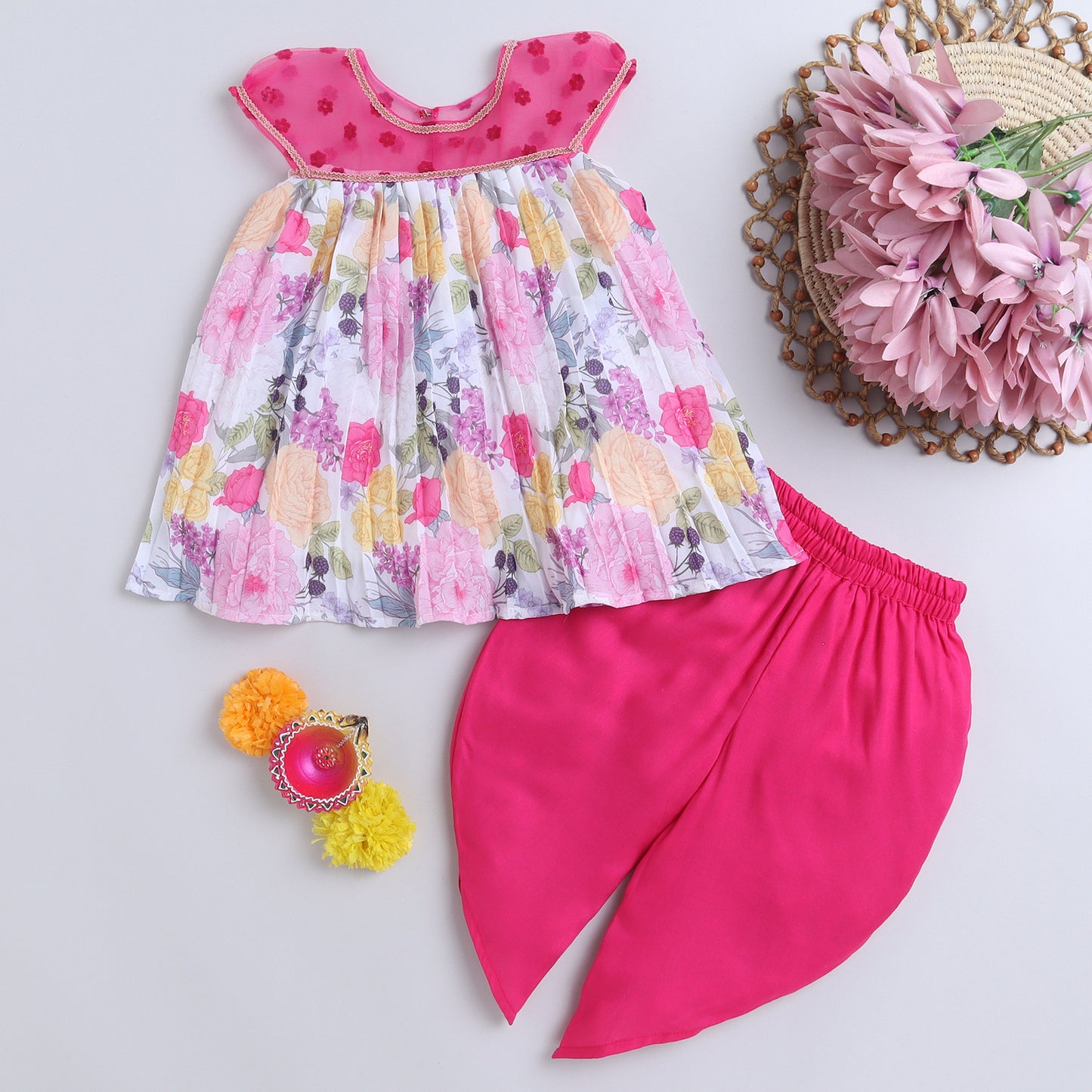 Many Frocks & lace embellished neckline  pleated floral printed kurta & dhoti set - Multicolour & Pink