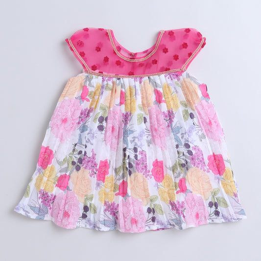 Many Frocks & lace embellished neckline  pleated floral printed kurta & dhoti set - Multicolour & Pink