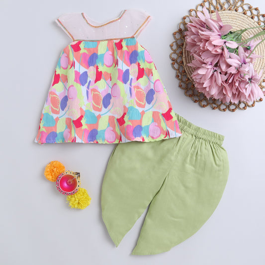 Many Frocks & lace embellished neckline  pleated floral printed kurta & dhoti set - Multicolour & Green