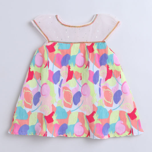 Many Frocks & lace embellished neckline  pleated floral printed kurta & dhoti set - Multicolour & Green