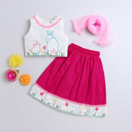 Many Frocks & cotton sleeveless hand embroidered choli lengha dupatta set - Off white & Pink