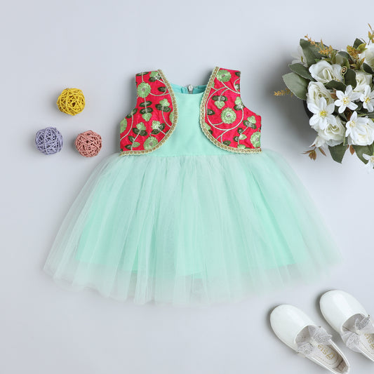 Many Frocks & net sleeveless embroidered koti and lace embellished ethnic frock - Green