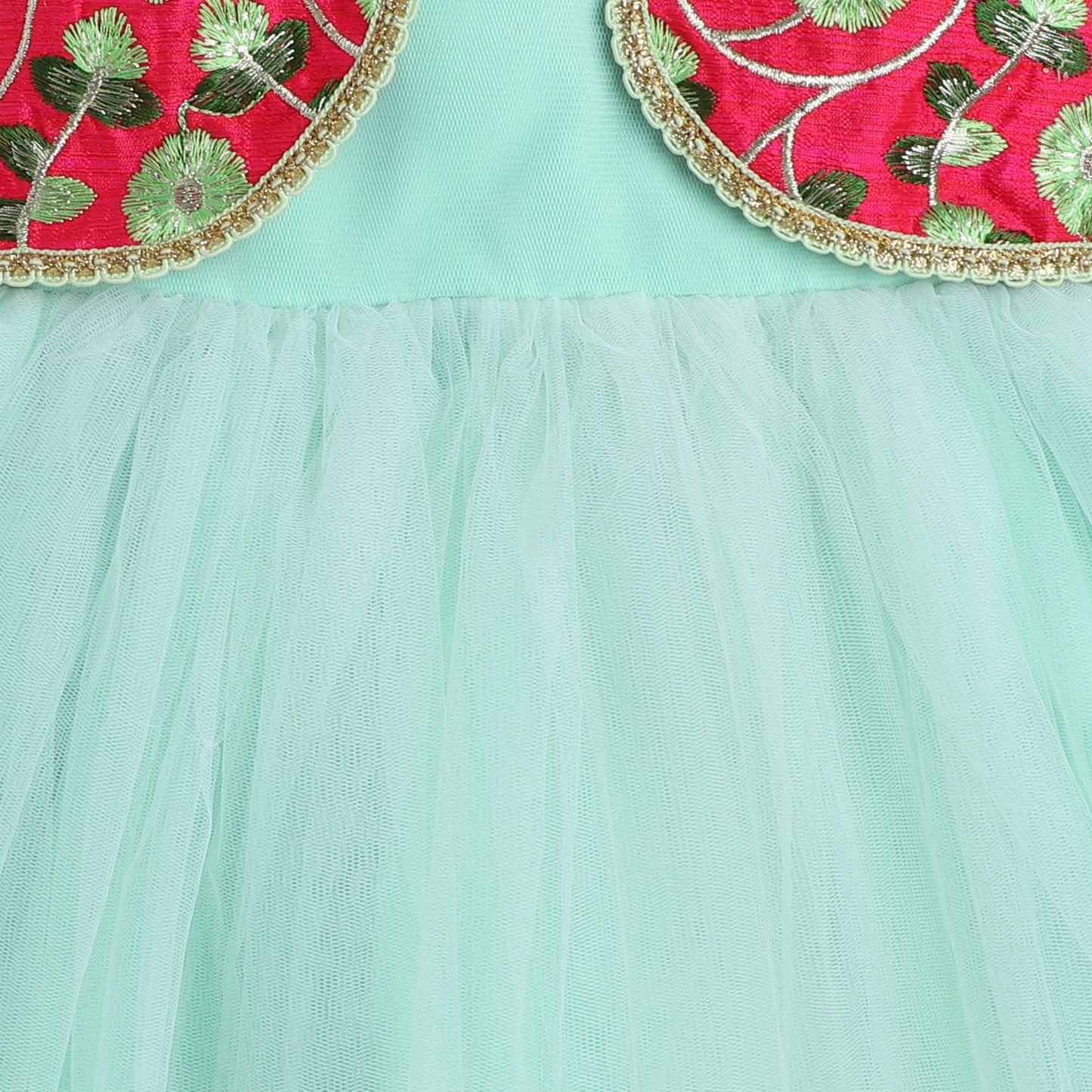 Many Frocks & net sleeveless embroidered koti and lace embellished ethnic frock - Green