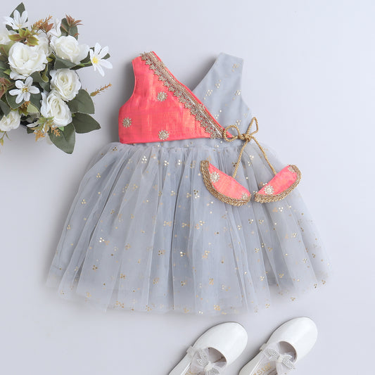 Many Frocks & net sleeveless silk koti and latkan embellished ethnic frock - Grey