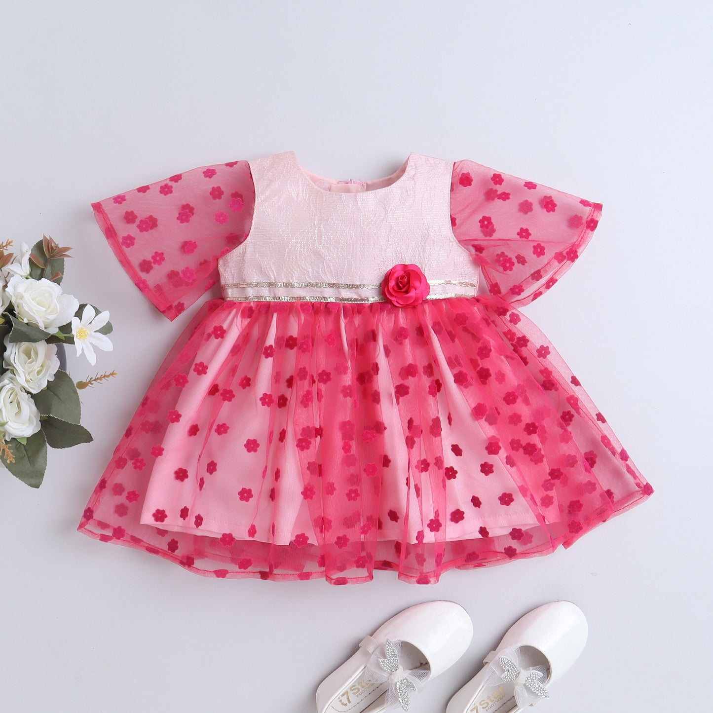 Many Frocks & flower net half sleeves rose embellished baby party dress-Pink