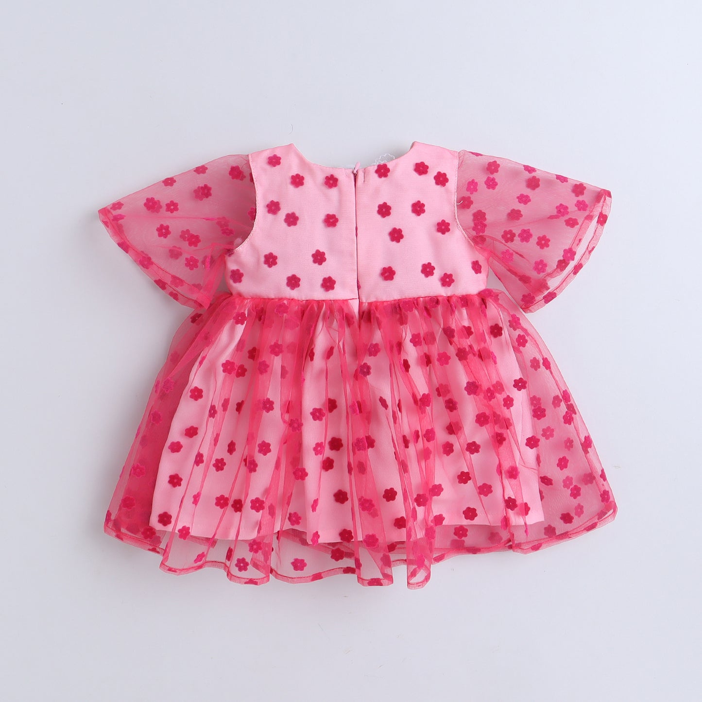 Many Frocks & flower net half sleeves rose embellished baby party dress-Pink