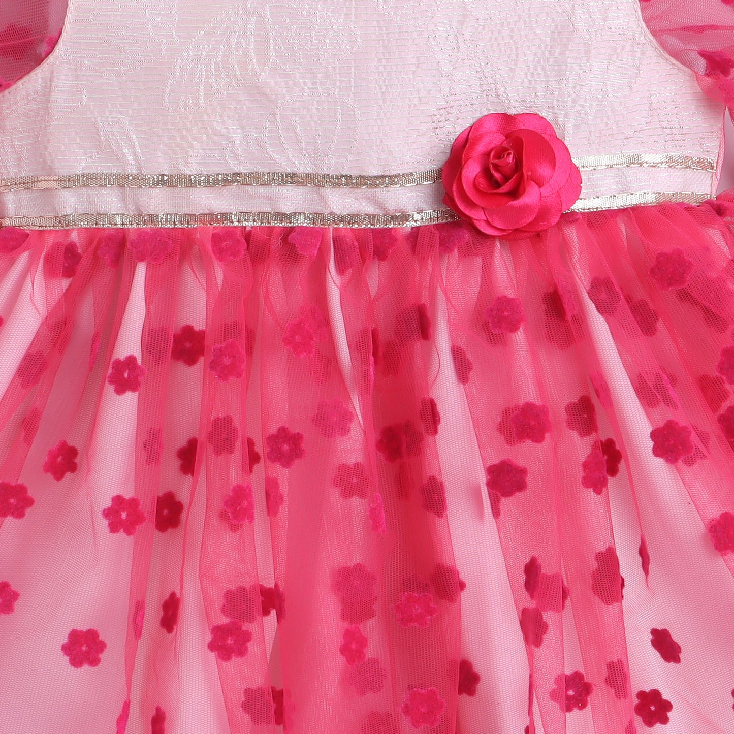 Many Frocks & flower net half sleeves rose embellished baby party dress-Pink